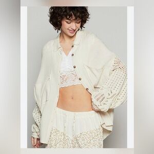 New! POL Creamy Button Up Shirt Blouse with KNITTED Sleeves